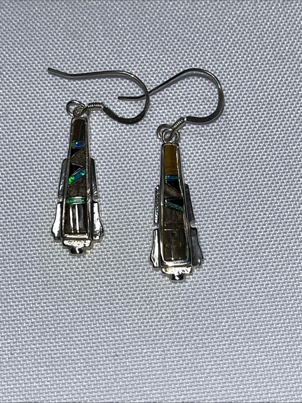 Sterling Silver Inlay Drop Earrings
Green-Blue & Black Accents
New
Stamped